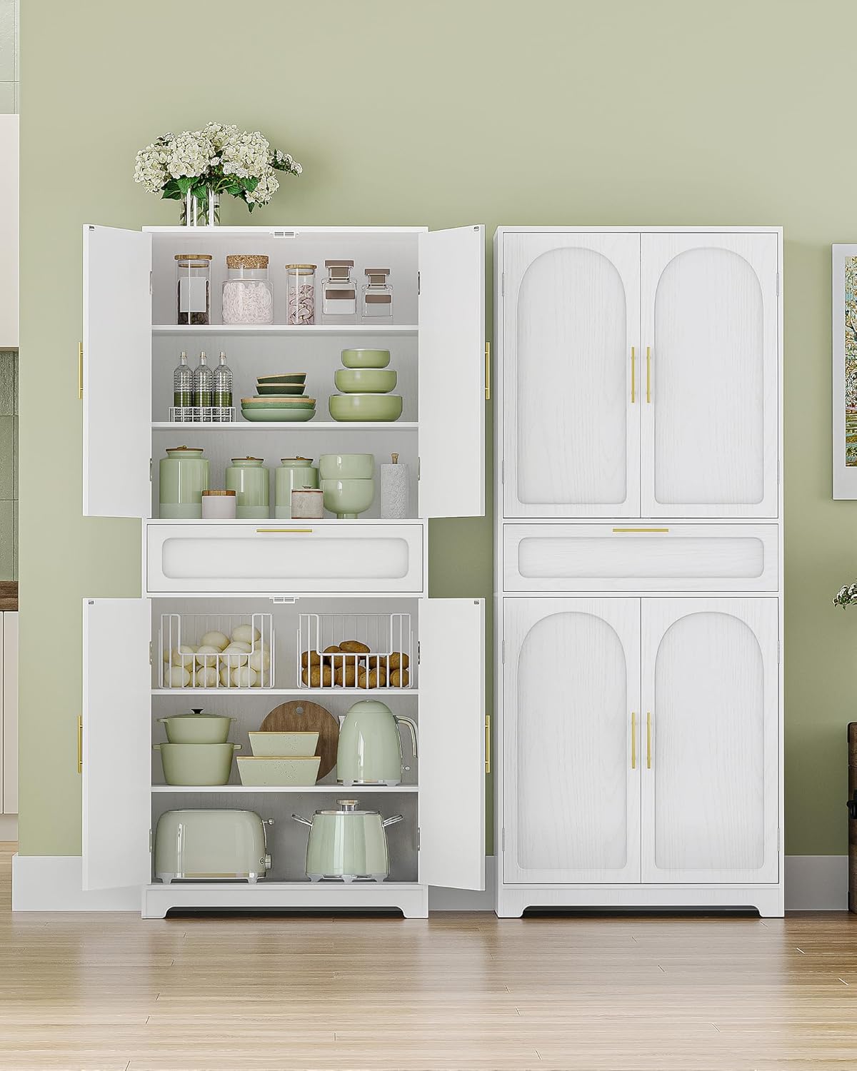 Hzuaneri Küchenschrank, Hochschrank mit 4 Türen, Sideboard mit 1 großen Schublade, Buffetschrank, Esszimmerschrank, Verstellbaren Ablagen, für Esszimmer, Küche, Wohnzimmer, Weiß PT18103X