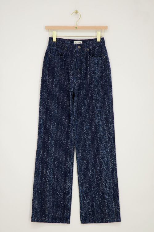 Donkerblauwe bouclé wide leg jeans