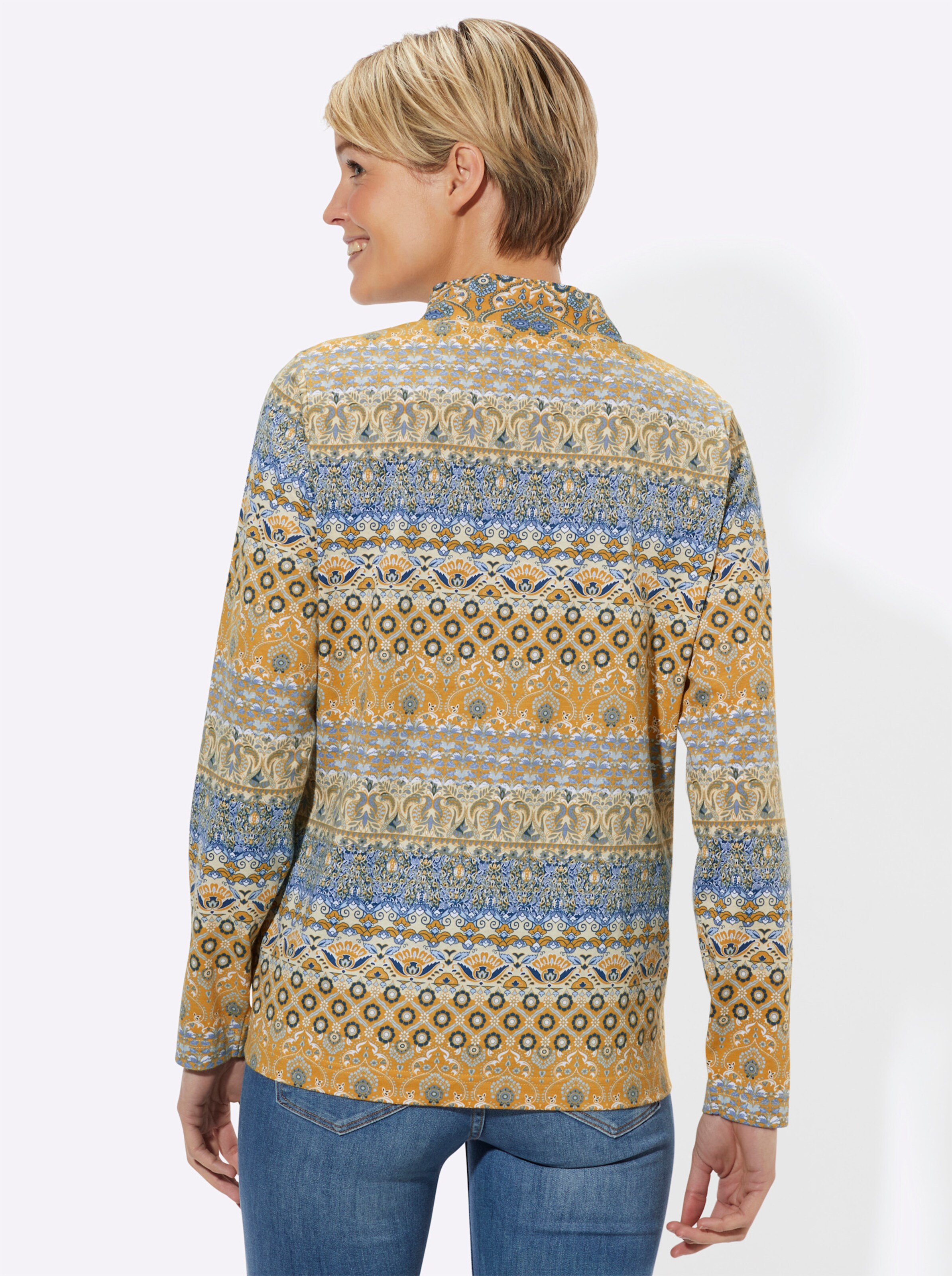 Langarmshirt in vanille-taubenblau-bedruckt