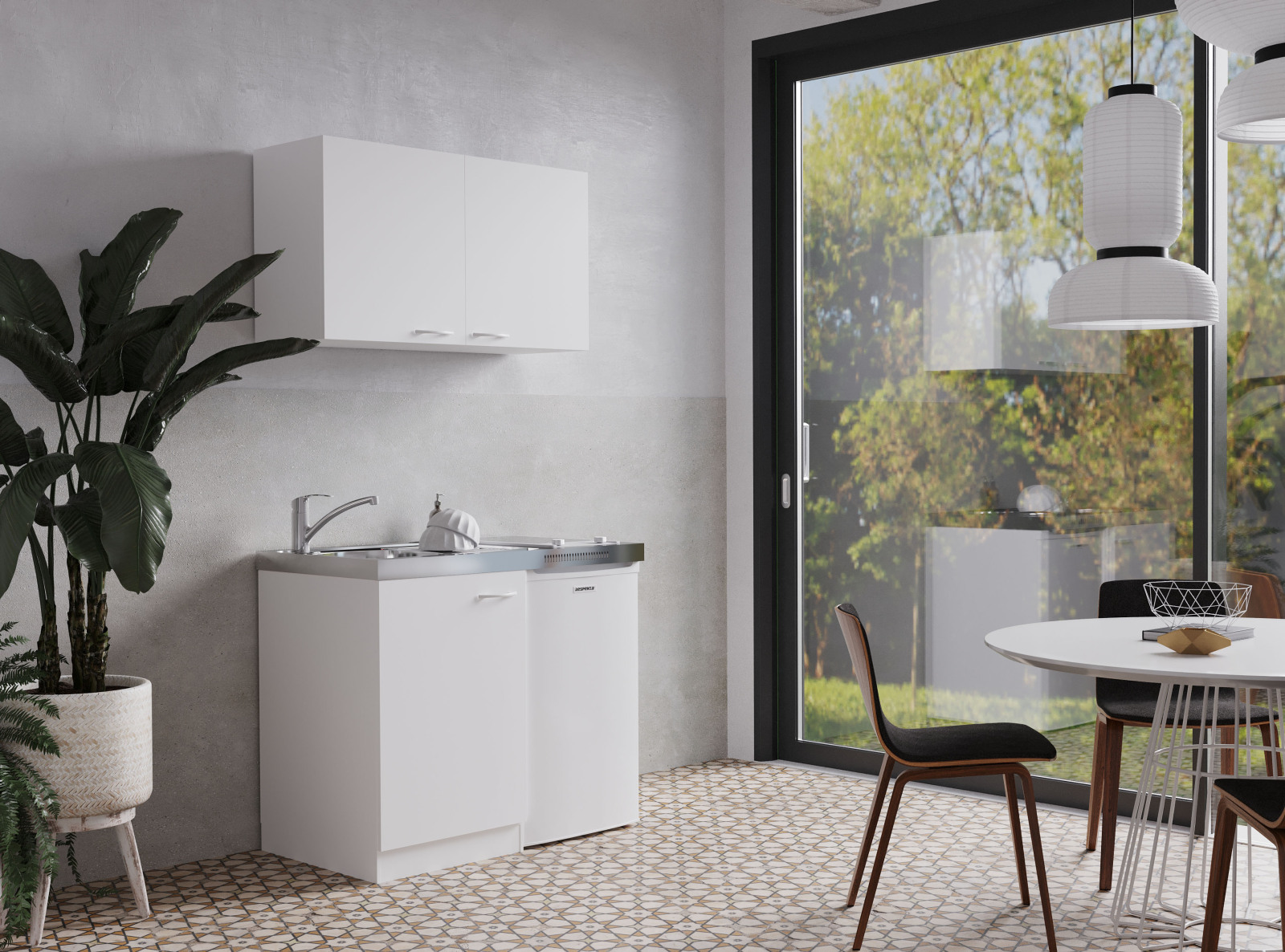 RESPEKTA Miniküche - weiß - mit Kühlschrank und Glaskeramikkochfeld - 100 cm