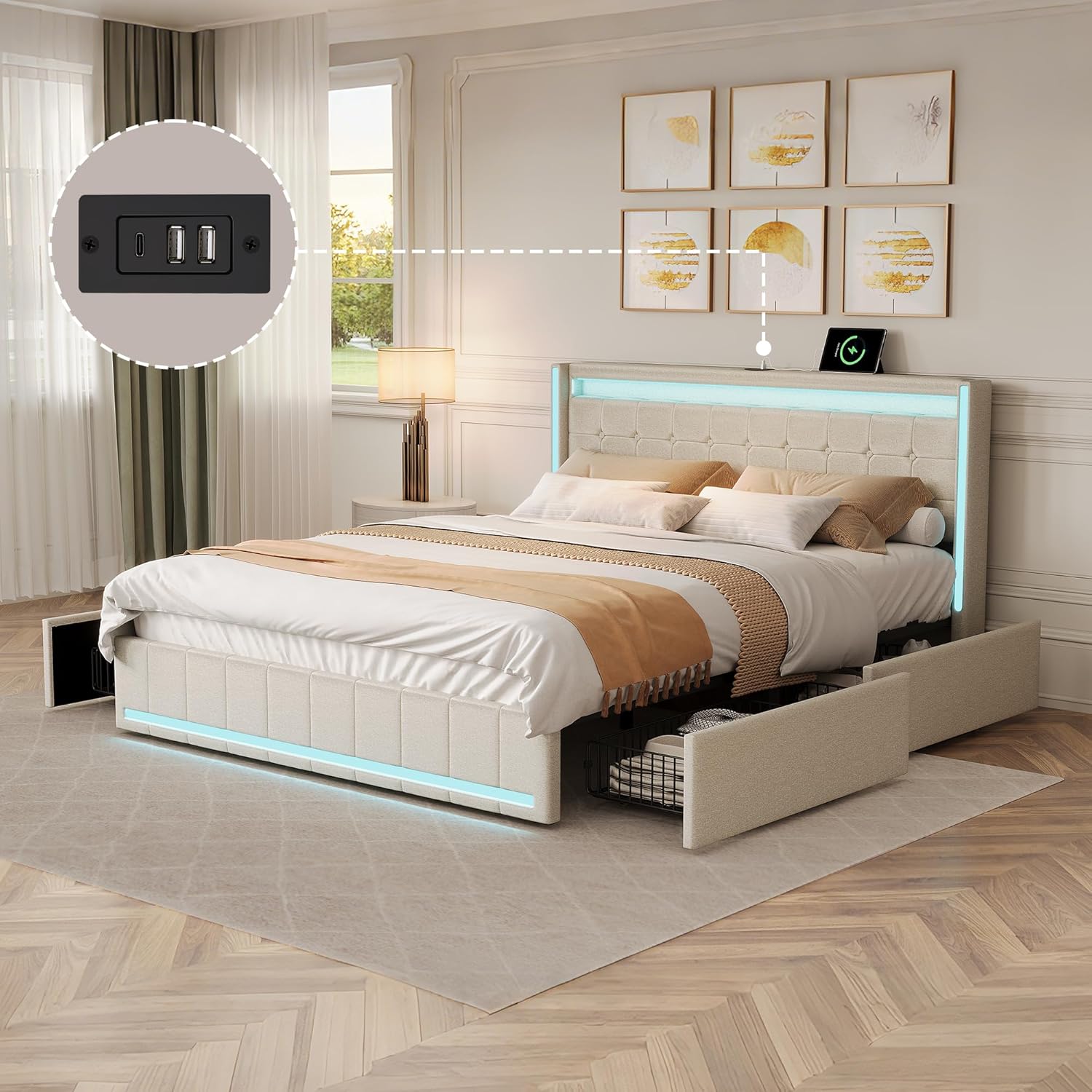 Polsterbett Doppelbett 180x200 cm, Stauraumbett mit 4 Schubladen, Bett 180x200 mit Bettkasten und Lattenrost, LED Kopfteil mit USB Ladestation, Jugendbett Funktionsbett Rückenlehne Bett, Leinen