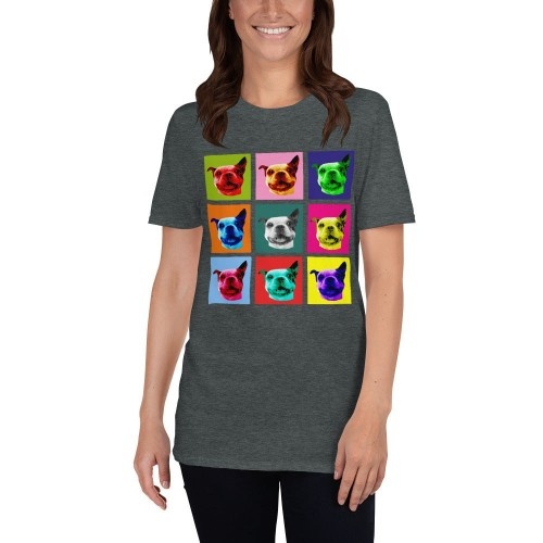 Camiseta feminina Mascochula, estilo Warhol, personalizada com seu animal de estimação, cinza escuro.