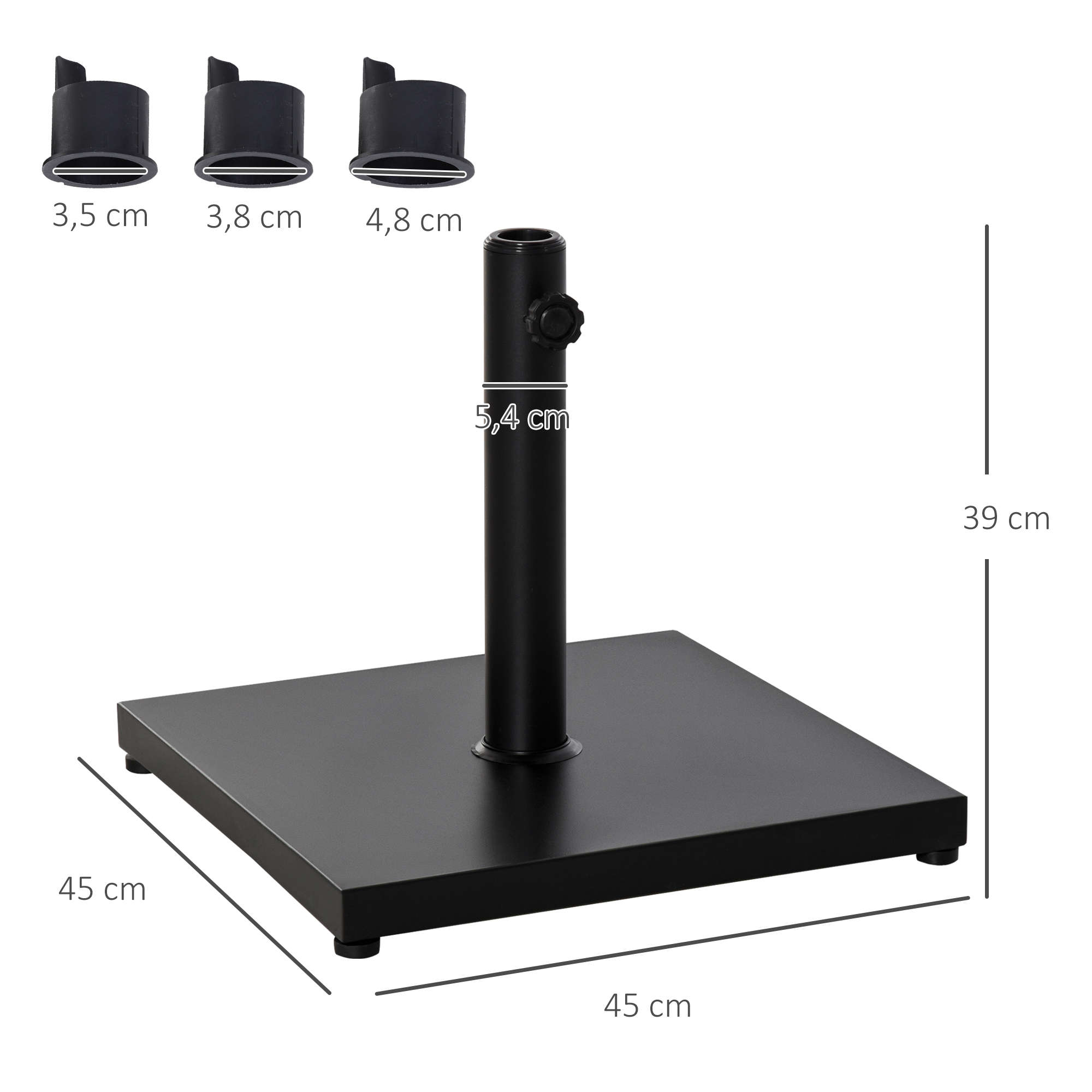 Base para guarda-sol de jardim Outsunny, peso líquido 18 kg, suporte para guarda-sol, adequado para hastes de Ø35 mm/Ø38 mm/Ø48 mm, para jardim e pátio, preto, 45 x 45 x 39 cm