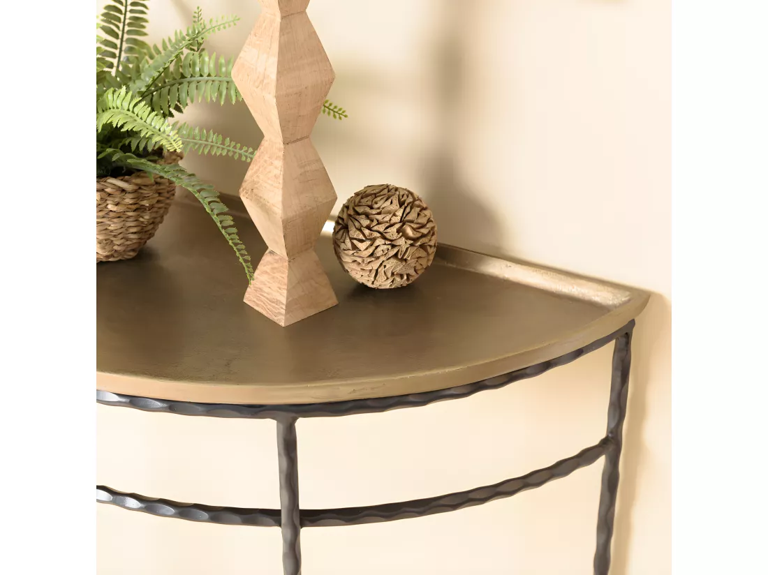 JONAS - Console demi-lune 90x36cm alu doré pieds métal noirs torsadés