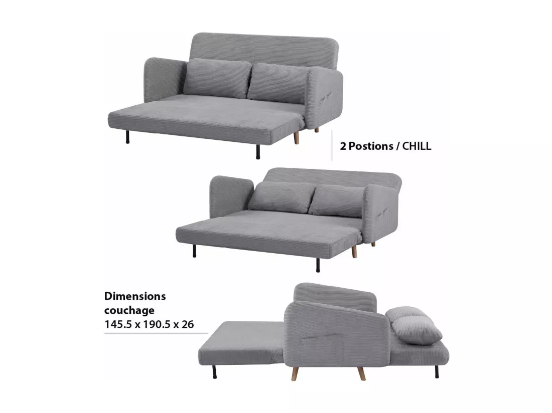 Canapé-lit BZ 2 places pour couchage d’appoint taille 145 x 190 cm en velours côtelé gris et pieds en bois massif - ARI
