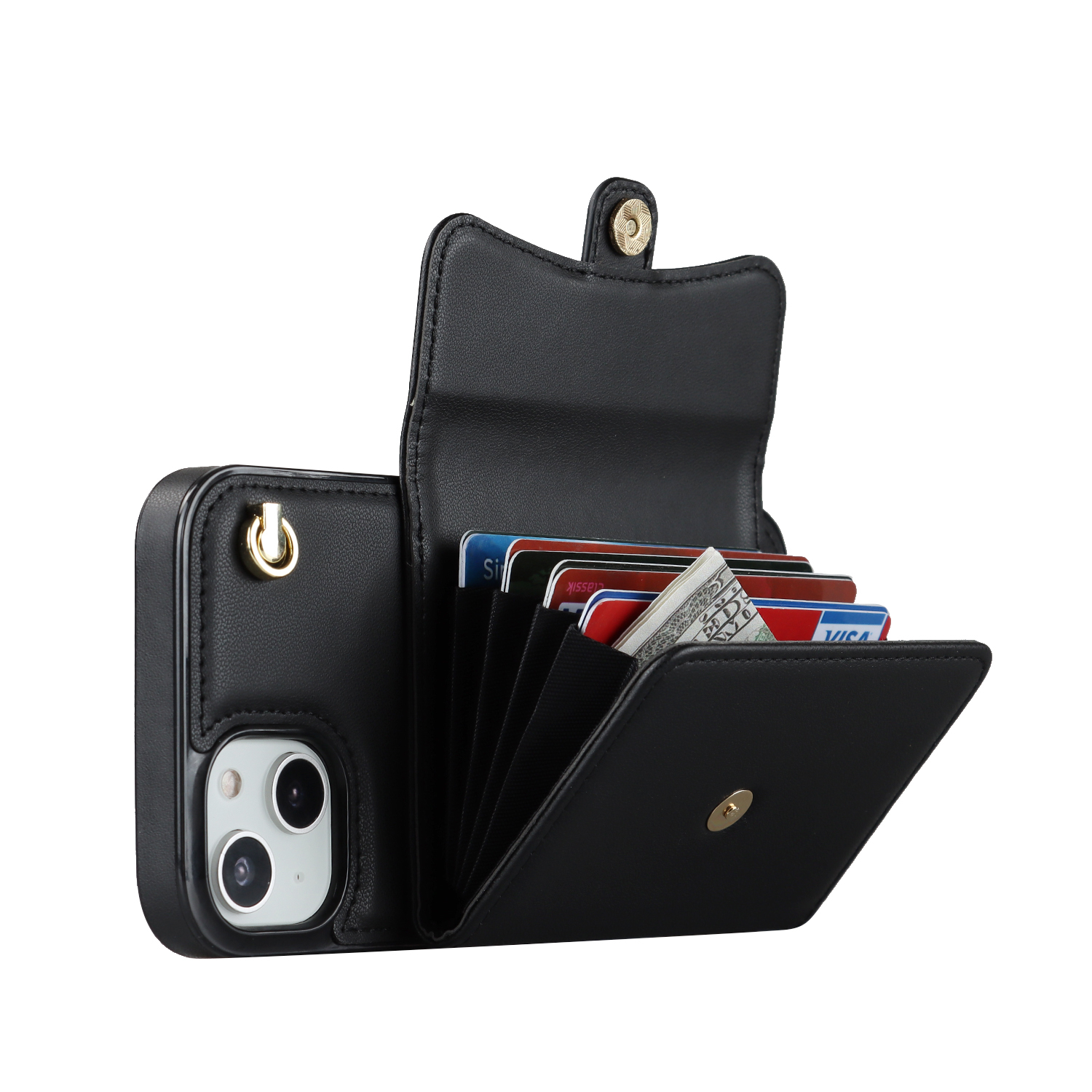 iPhone 14 / iPhone 13 Necklace Leder Schutz Hülle mit Kartenfach   Handykette (140cm) - Schwarz