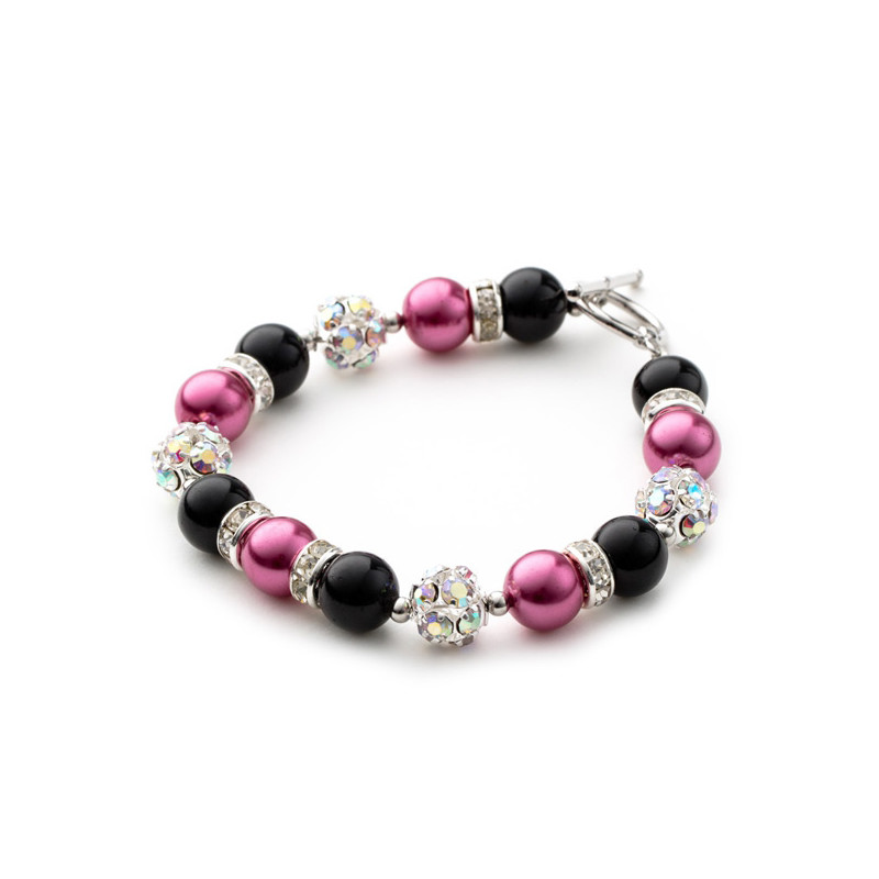 Bracelet 1 Rang en Perles Rose et Noir, Cristal et Plaqué Rhodium