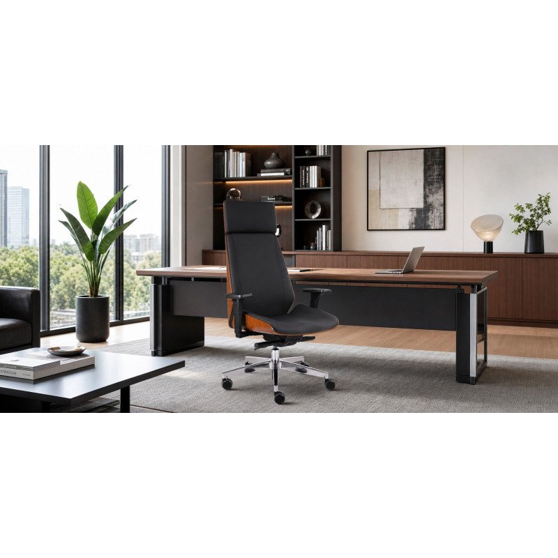 Chaise de bureau ergonomique Moon Wood Simili cuir, avec appui-tête, accoudoirs 3D, mécanisme synchrone + réglage profondeur d'assise, pieds chromé