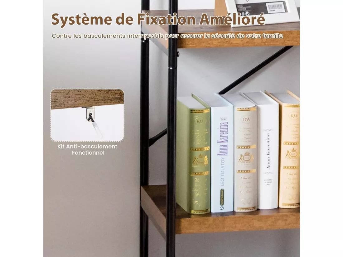 Bibliothèque Étagère à 5 Niveaux, Bibliothèque Industrielle en Bois avec Cadre en Métal, Dispositif Anti-Basculement (Marron)