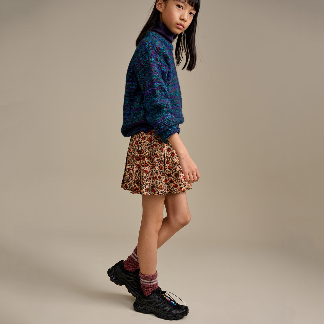 Bellerose Jupe plissée en Coton & Laine Haka à fleurs beige/orange