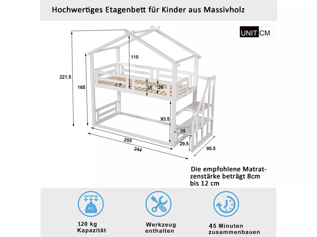 Lit superposé d'enfant 90x200cm - lit cabane avec escalier de sécurité, cadre de lit en bois massif avec sommier à lattes - blanc