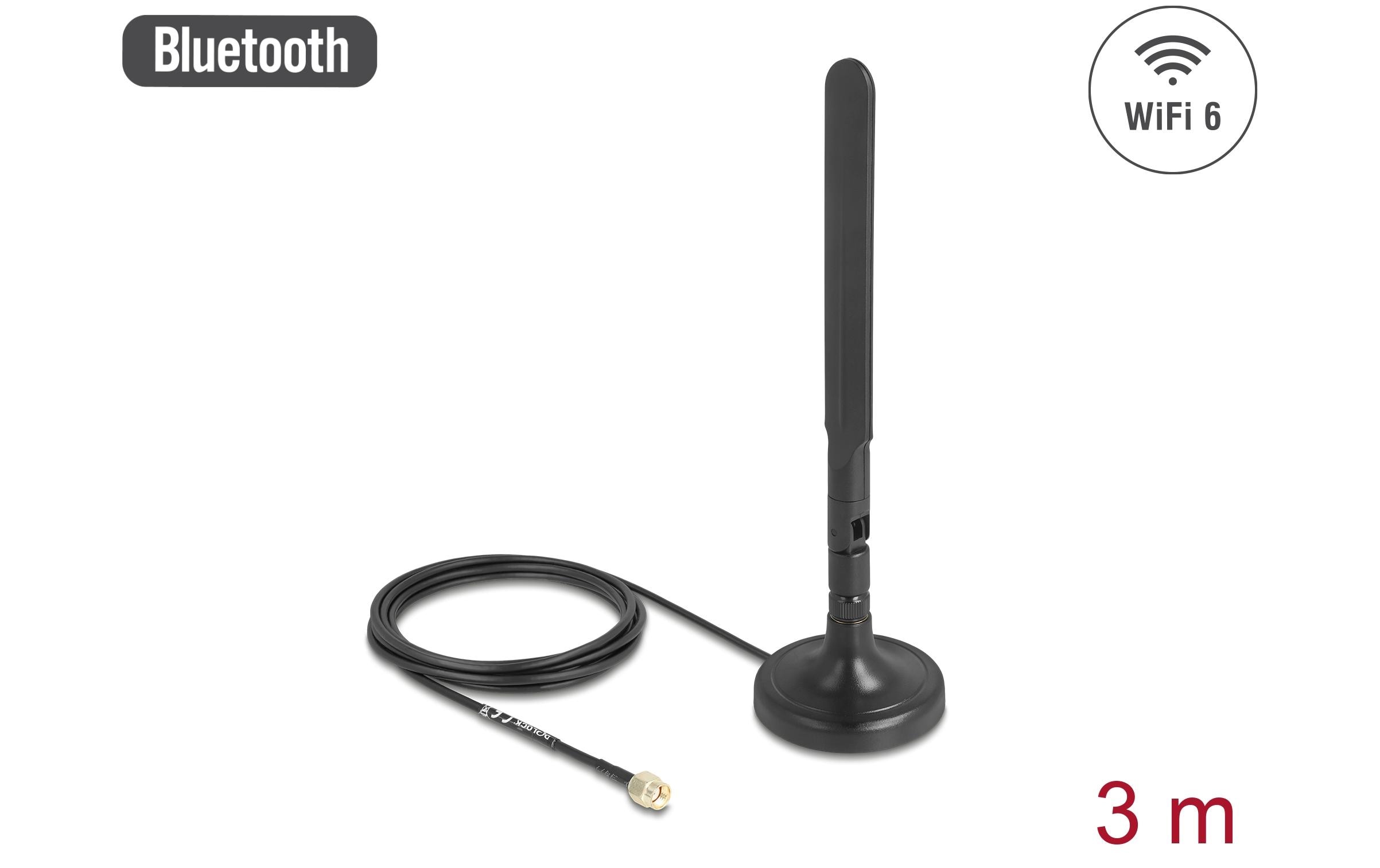 WLAN-Antenne WiFi 6 RP-SMA 3 dBi RP-SMA 3 dBi RundstrahlDelock WiFi 6 Antenne RP-SMA Stecker 3 dBi omnidirektional mit Anschlusskabel RG-174 3 m mit Kippgelenk mit magnetischem Standfuss schwarz