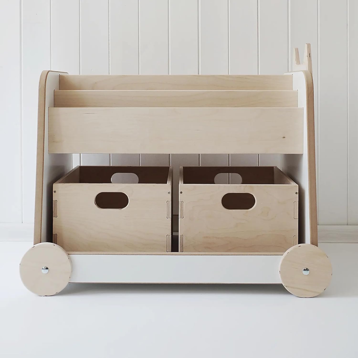 Babywood Holzbuchregal auf Rädern | sicheres Buchregal für Kinder | Kinderregal mit 2 Spielzeugkisten | Montessori-Buchregal | Lagerbuchregal | Bücherregal mit Zwei Holzspielzeugkisten