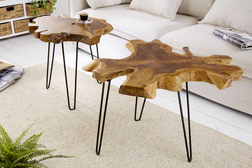 Einzigartiger Beistelltisch WILD 50cm Teak Massivholz Baumscheibe Metallbeine schwarz