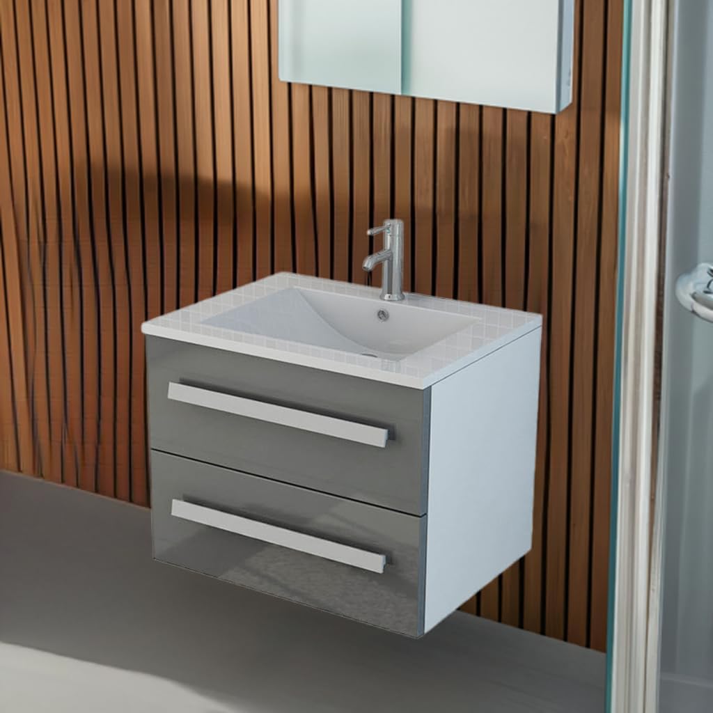 Jet-Line® | Badset Arosa II | Keramik Waschbecken | Waschtisch | Badmöbel | Soft Close | Hochglanz | Farbe grau | Badezimmer | Bad erhältlich | 59 cm breit
