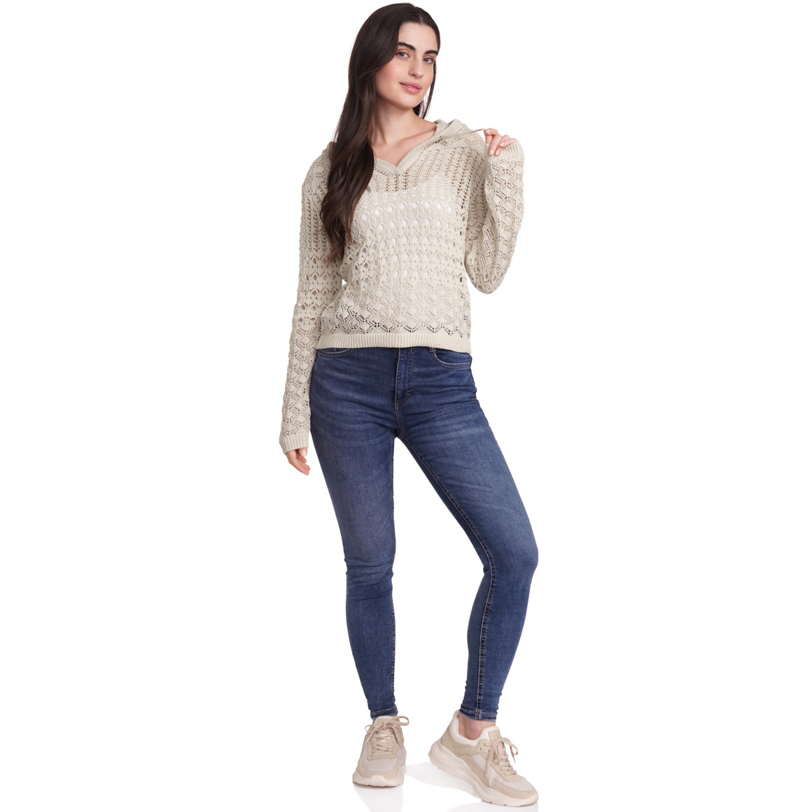 Gina Damen Strickpullover mit Ajour-Muster beige