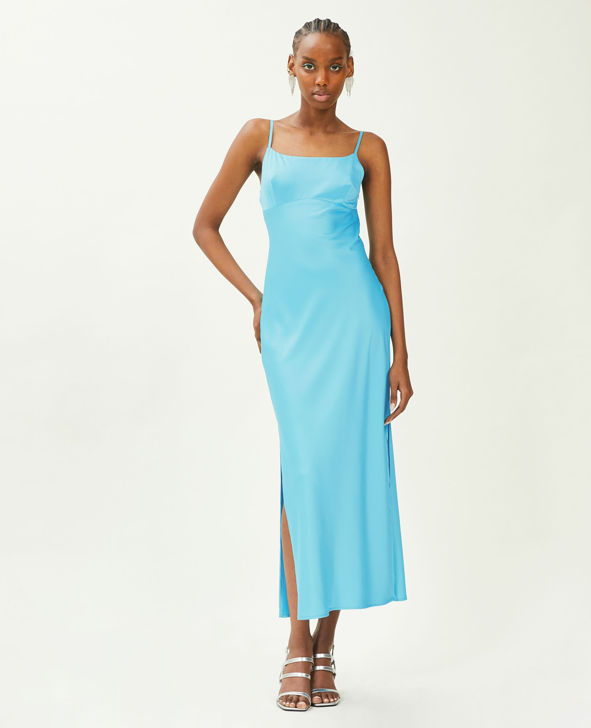 Robe longue en tissu satiné - Bleu turquoise