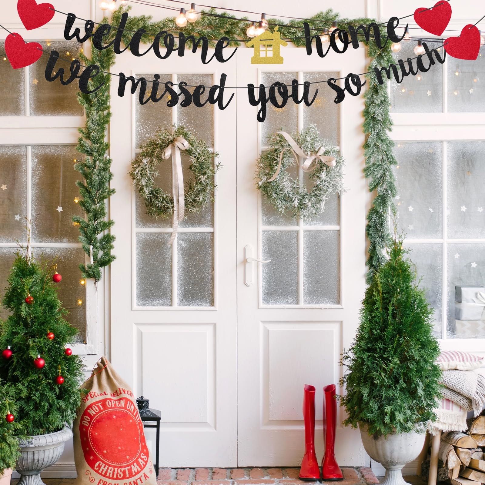 (2er Set) 150cm Welcome Home We Missed You So Much Girlande Glitzer Party Dekoration Accessoire Banner - Schwarz / Rot