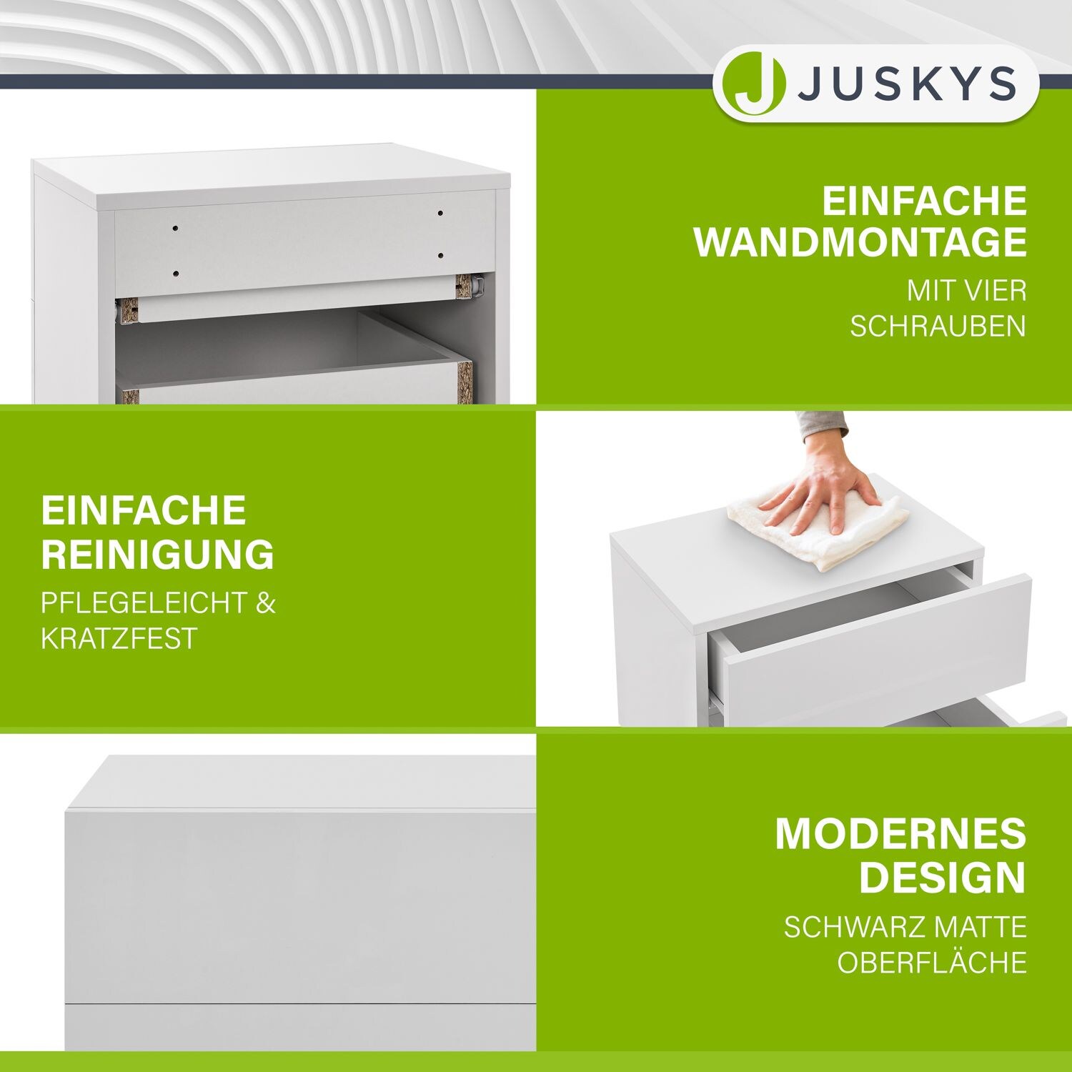 Juskys Nachttisch hängend Holz 40x29x30 cm - 2 Schubladen Wandmontage - Nachtschrank Weiß Hochglanz