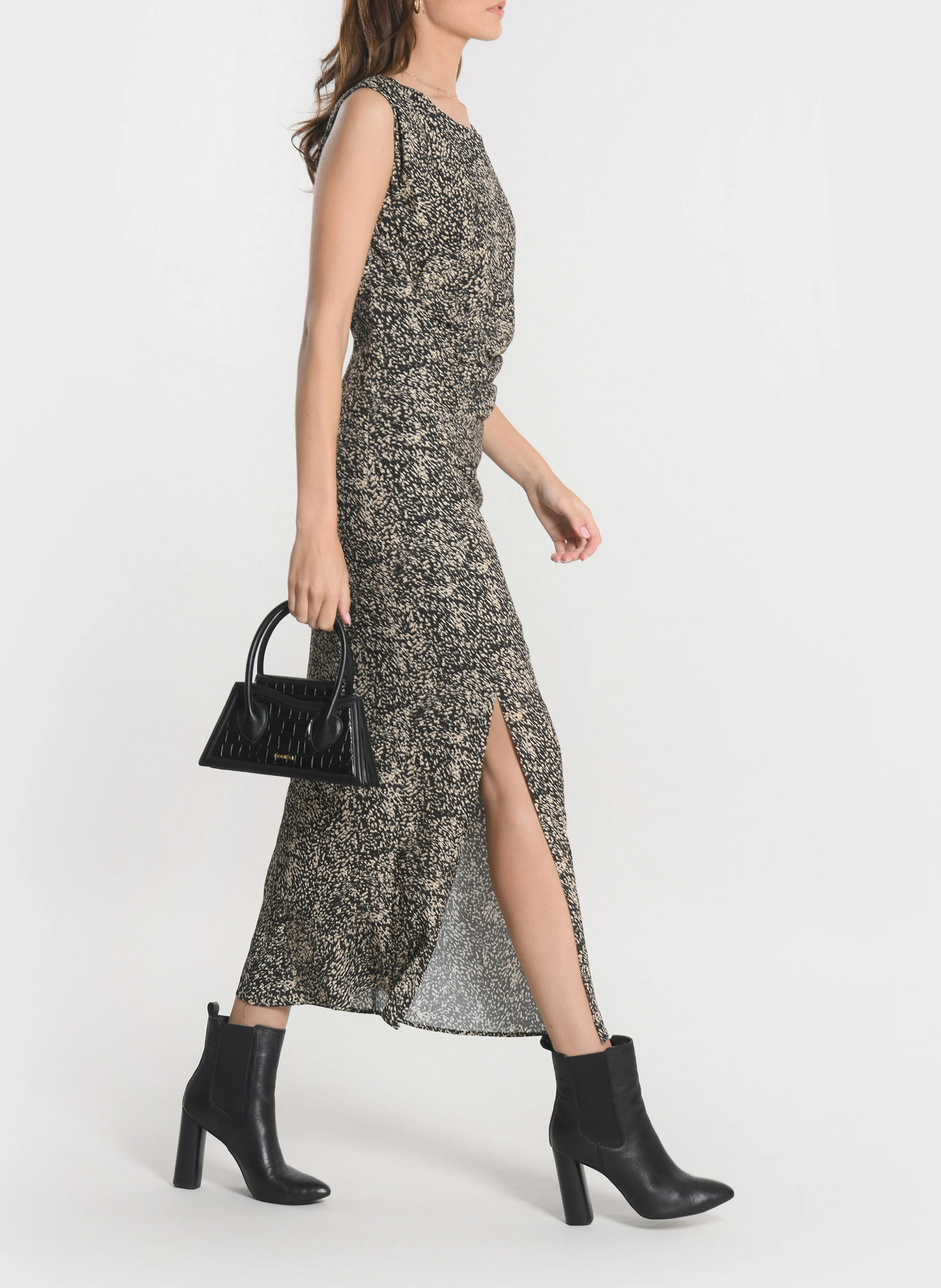 BIANCA - Robe midi col rond imprimée | Noir