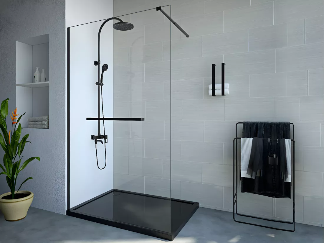 Paroi de douche à l'italienne avec porte-serviette - 120 x 200 cm - Noir mat - Verre trempé - KRISTEN