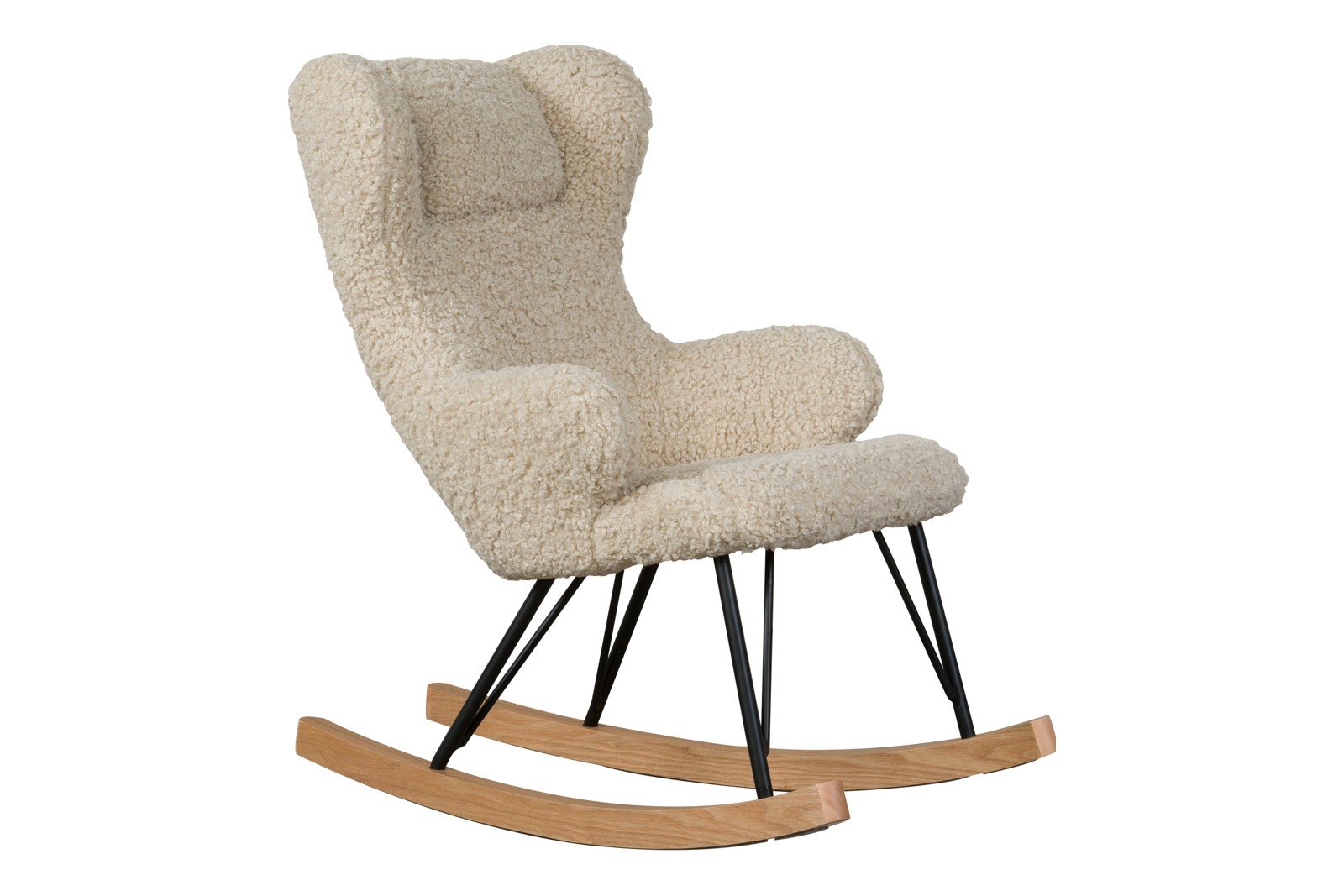 De Luxe Gyngestol Barn Gyngestol til barn i beige, mykt teddytekstil. Understell i heltre bjørk/pulverlakkert metall.