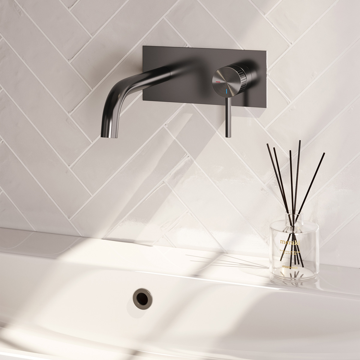 Brauer Stripe inbouw wastafelkraan ColdStart met gebogen uitloop en afdekplaat model A1 gunmetal geborsteld PVD