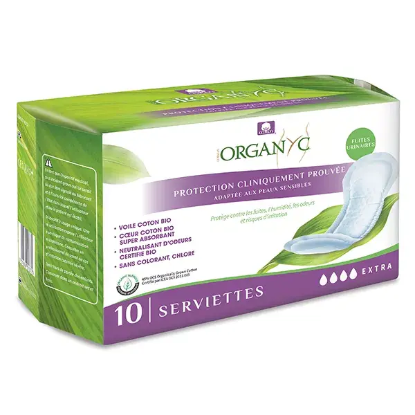 Absorventes para incontinência urinária Organyc Extra Flow em algodão orgânico, pacote com 10 unidades.