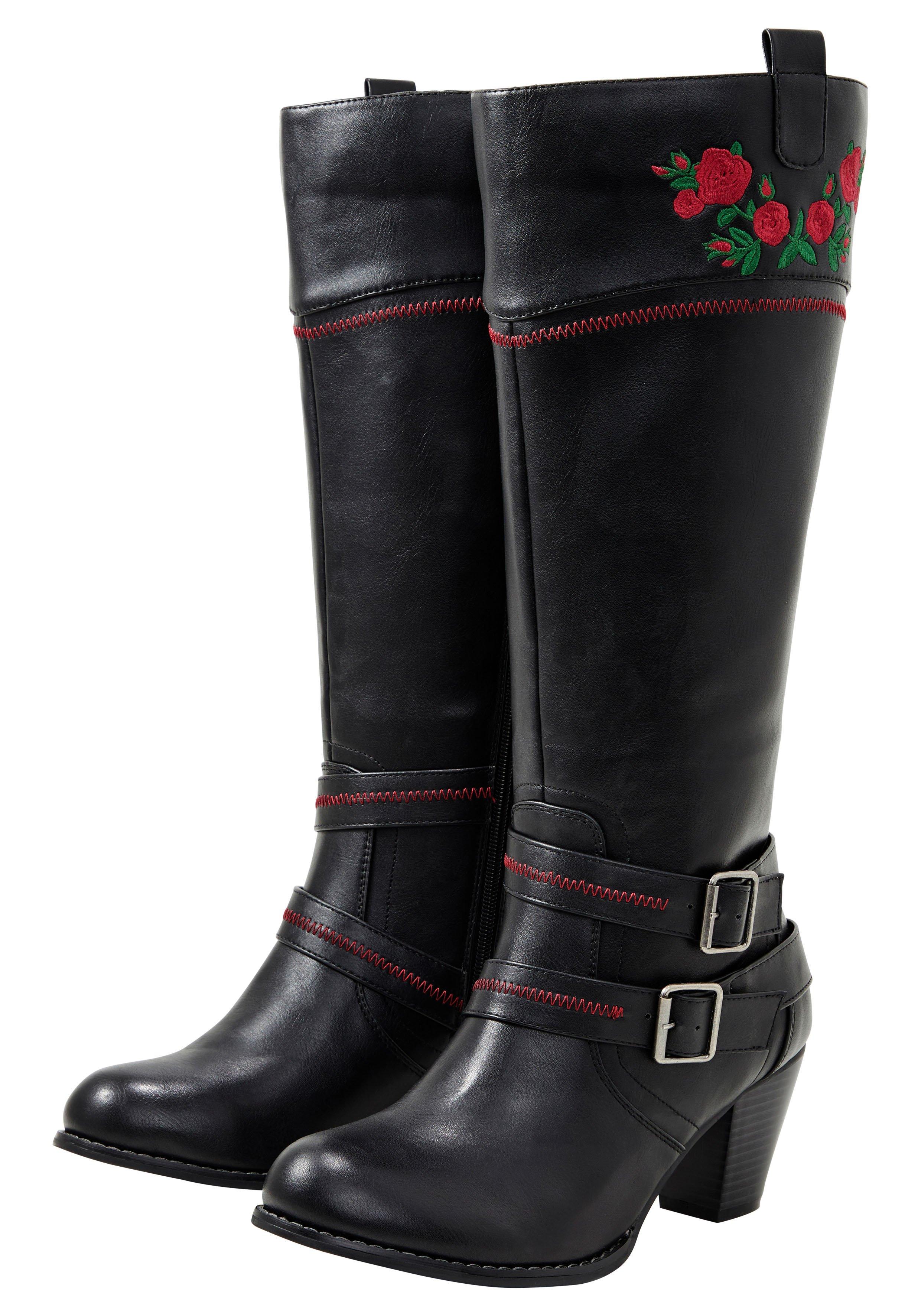 Weitschaftstiefel im Cowboy-Stil, mit Blumenstickerei