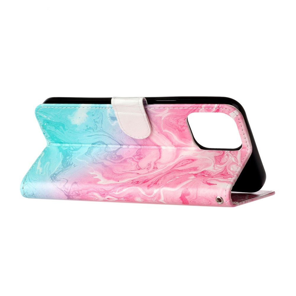 iPhone 13 Pro Leder Tasche Flip Cover Marmor Marble - Rosa / Türkis