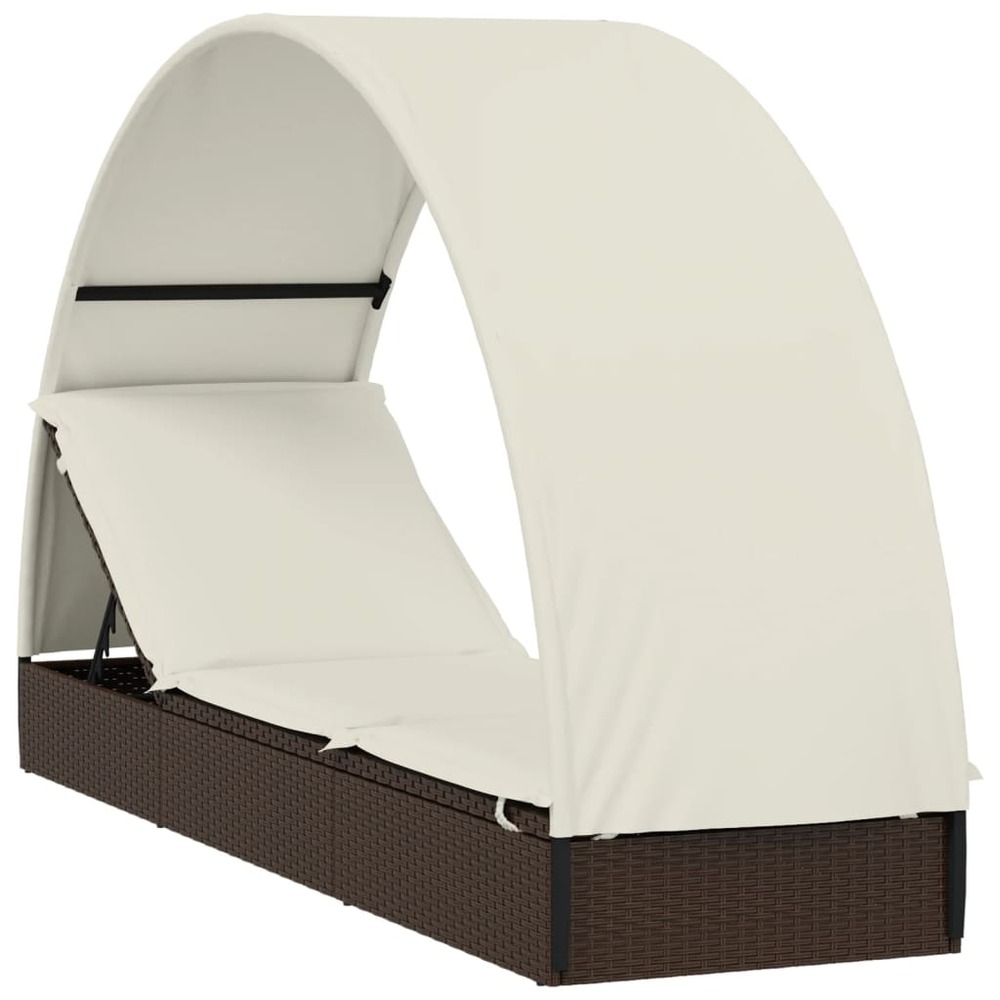 Transat chaise longue bain de soleil lit de jardin terrasse meuble d'extérieur avec toit rond marron 211x57x140cm résine tres