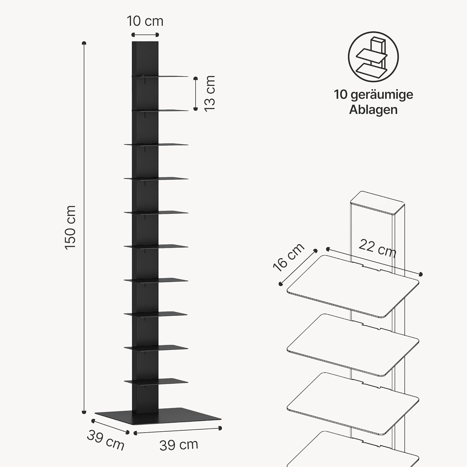 [en.casa] Standregal Eksjö CD DVD Regal in schmaler Leiterform mit 10 Ablagen Bücherregal für Wohn- und Schlafzimmer Büro 150 x 39 x 39 cm Schwarz DR8875139