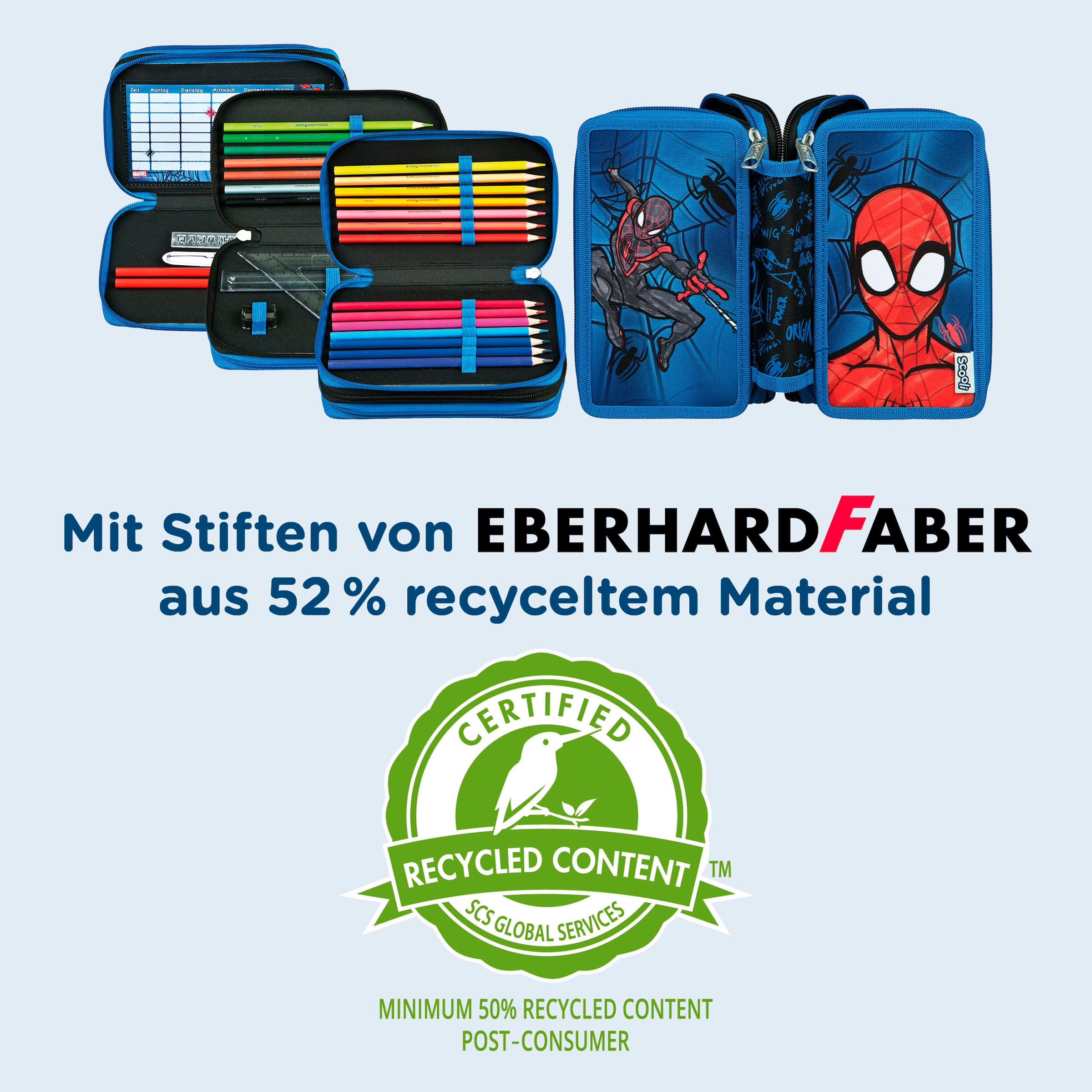 Scooli Federmäppchen »Tripledecker, Spider-Man« befüllt, inklusive Geodreieck