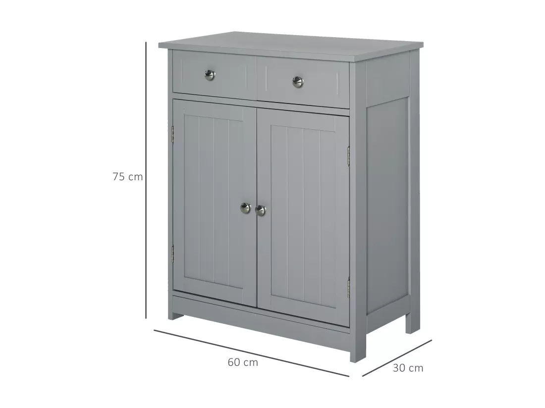 Meuble bas de salle de bain sur pied 2 portes avec étagère réglable 2 tiroirs poignées boutons métal MDF gris