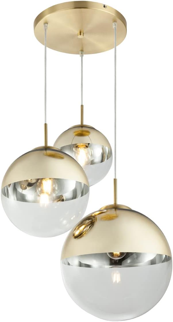 meineWunschleuchte Ausgefallene Pendelleuchte 3-flammig mit Glaskugeln in Gold & Klarglas