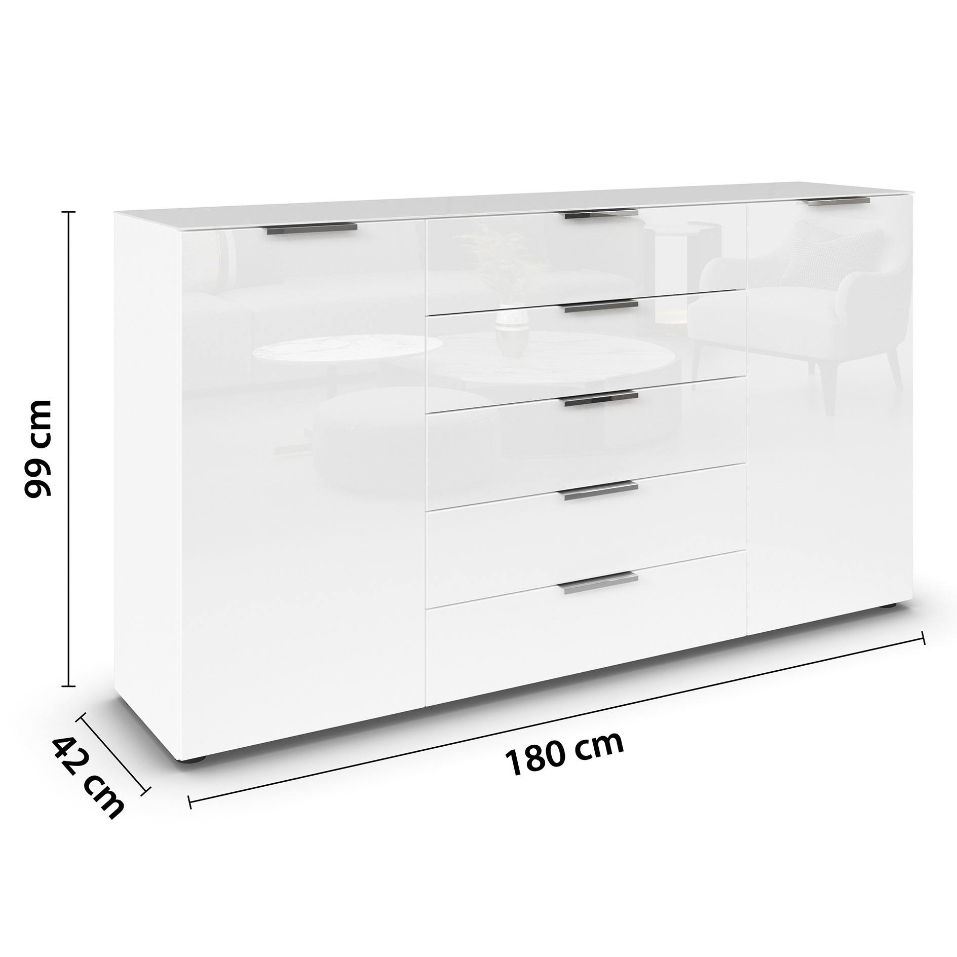 Kommode - alpinweiß-Kristallweißglas - Chromgriffe - 180 cm
