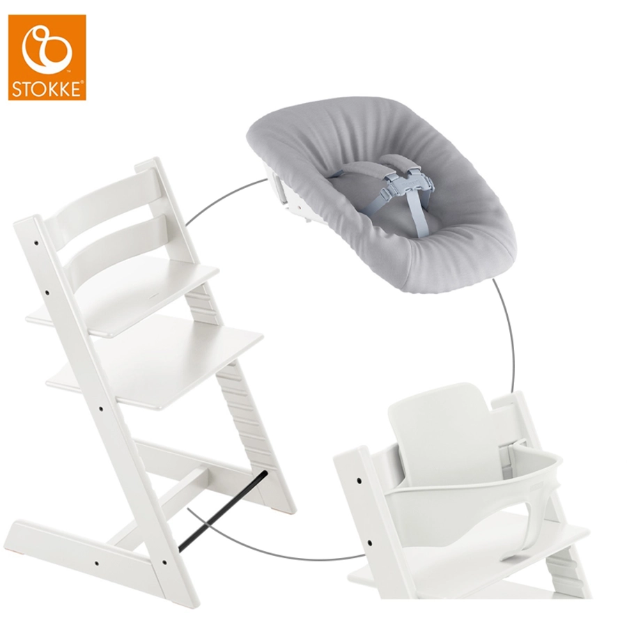 STOKKE® Mega Tripp Trapp® Set Hochstuhl Buche weiß inkl. Newborn Set™ Grey und Baby Set weiß