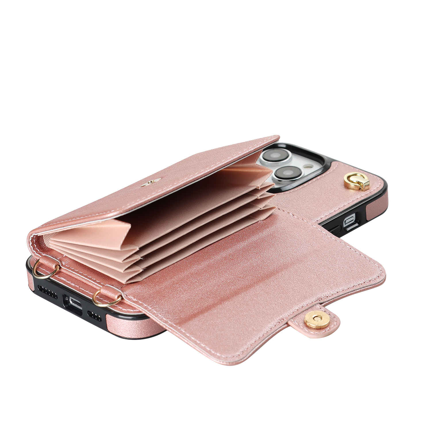 iPhone 13 Pro Necklace Leder Schutz Hülle mit Kartenfach   Handykette (140cm) - Roségold