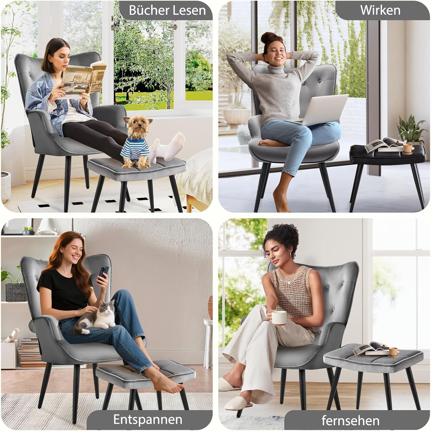 Sessel mit Hocker, Ohrensessel mit Hocker aus Samt, Sessel Wohnzimmer Relaxsessel mit Fußstütze Loungesessel Polstersessel fürs Wohnzimmer Schlafzimmer Arbeitszimmer, Grau