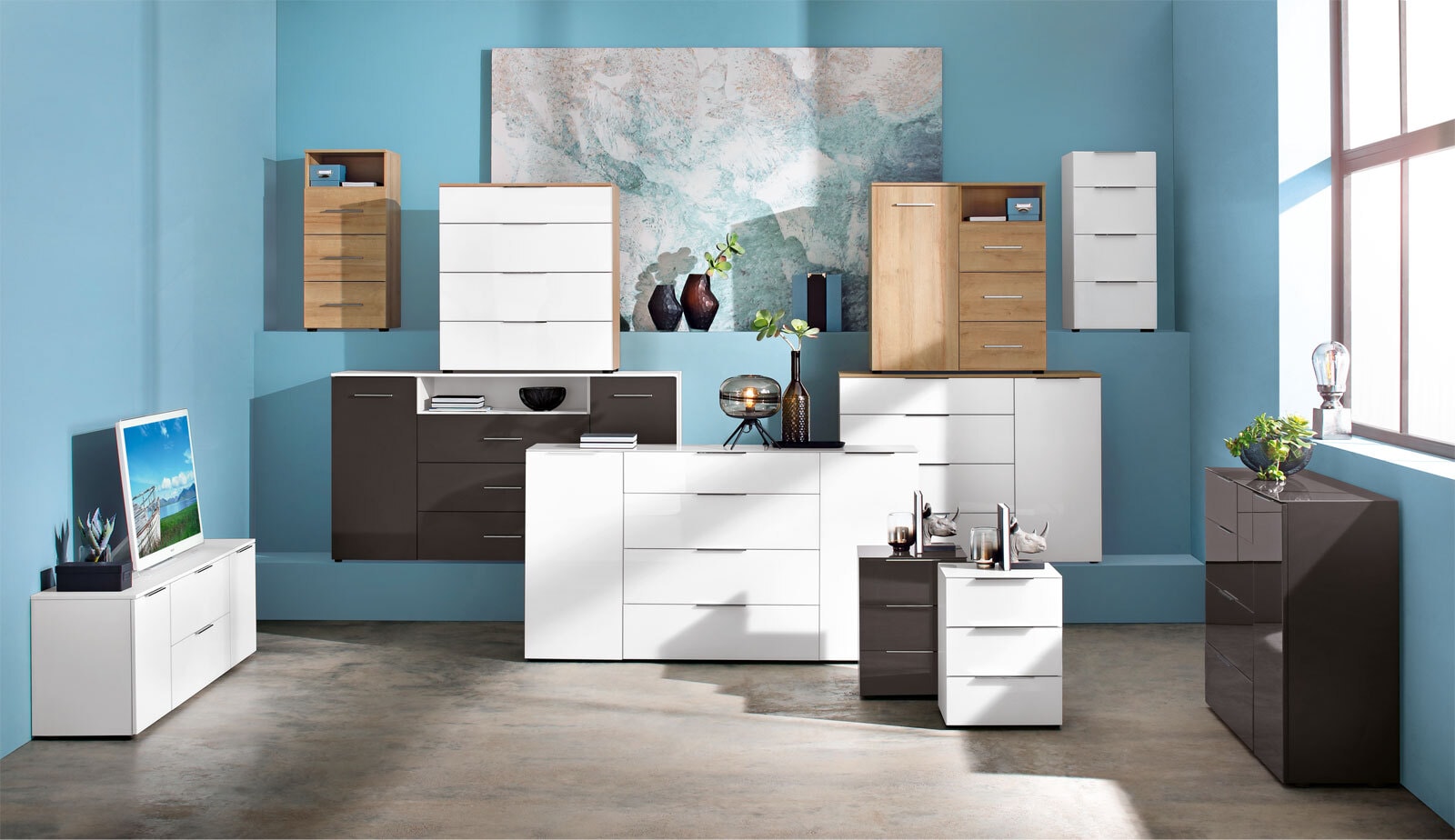 Kommode Mila 90 x 100 cm Weiß / Weiß Glas