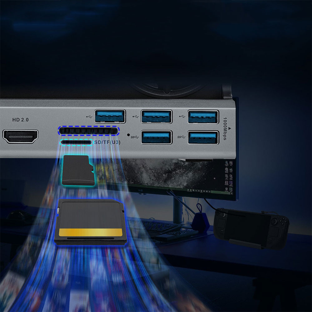 Steam Deck / OLED Dockingstation Ladegerät Charging Dock Stand mit Dual LED Lüfter / HDMI 4K@60Hz / USB C PD 100W / LAN / 5x USB A / SD Karten Slot