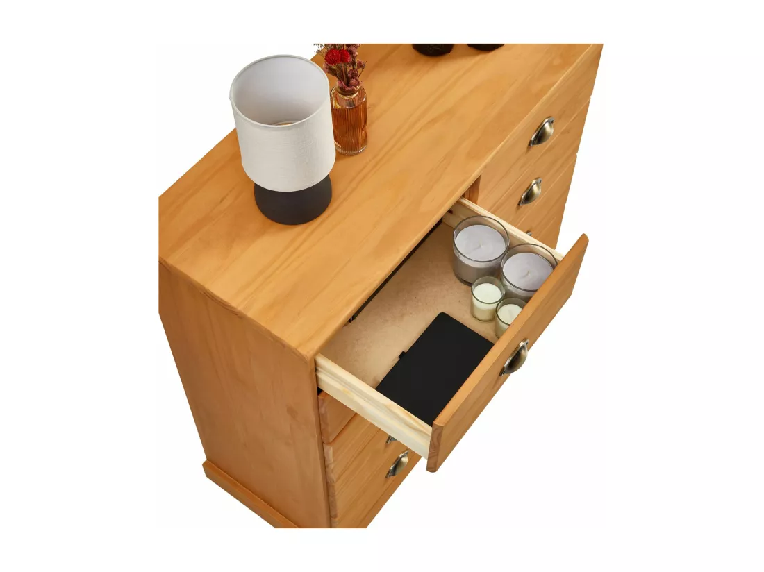 Commode chambre PARIS L 91 cm en bois massif lasuré brun avec 6 tiroirs avec poignées coquille en métal style campagne