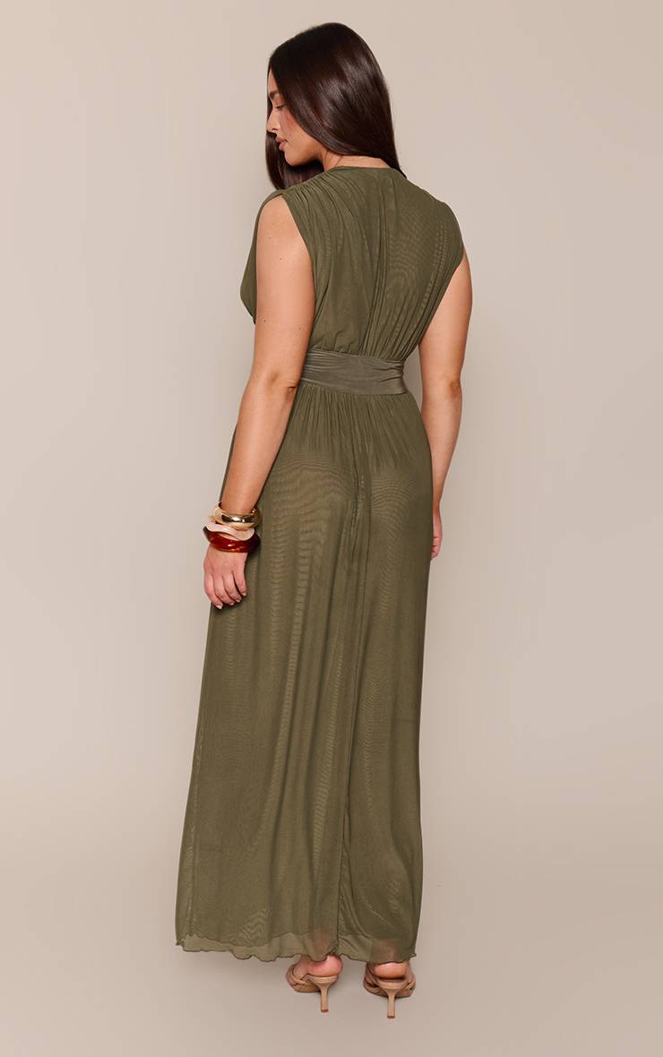 Vert Olive Foncé Robe Maxi Moulante À Décolleté Plongeant En Mesh Olive Profond