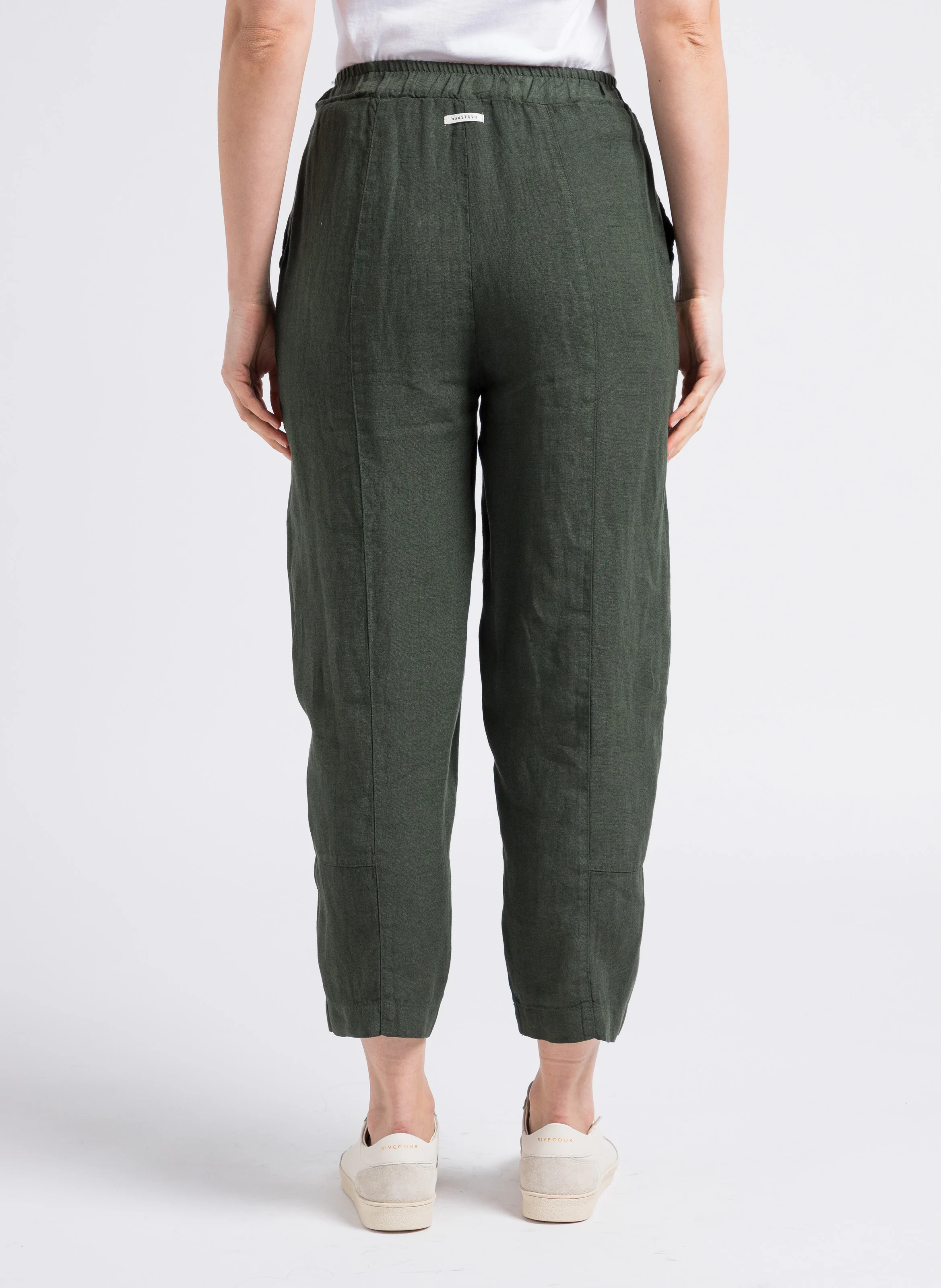 Pantalon droit 7/8ème taille mi-haute en lin | Vert
