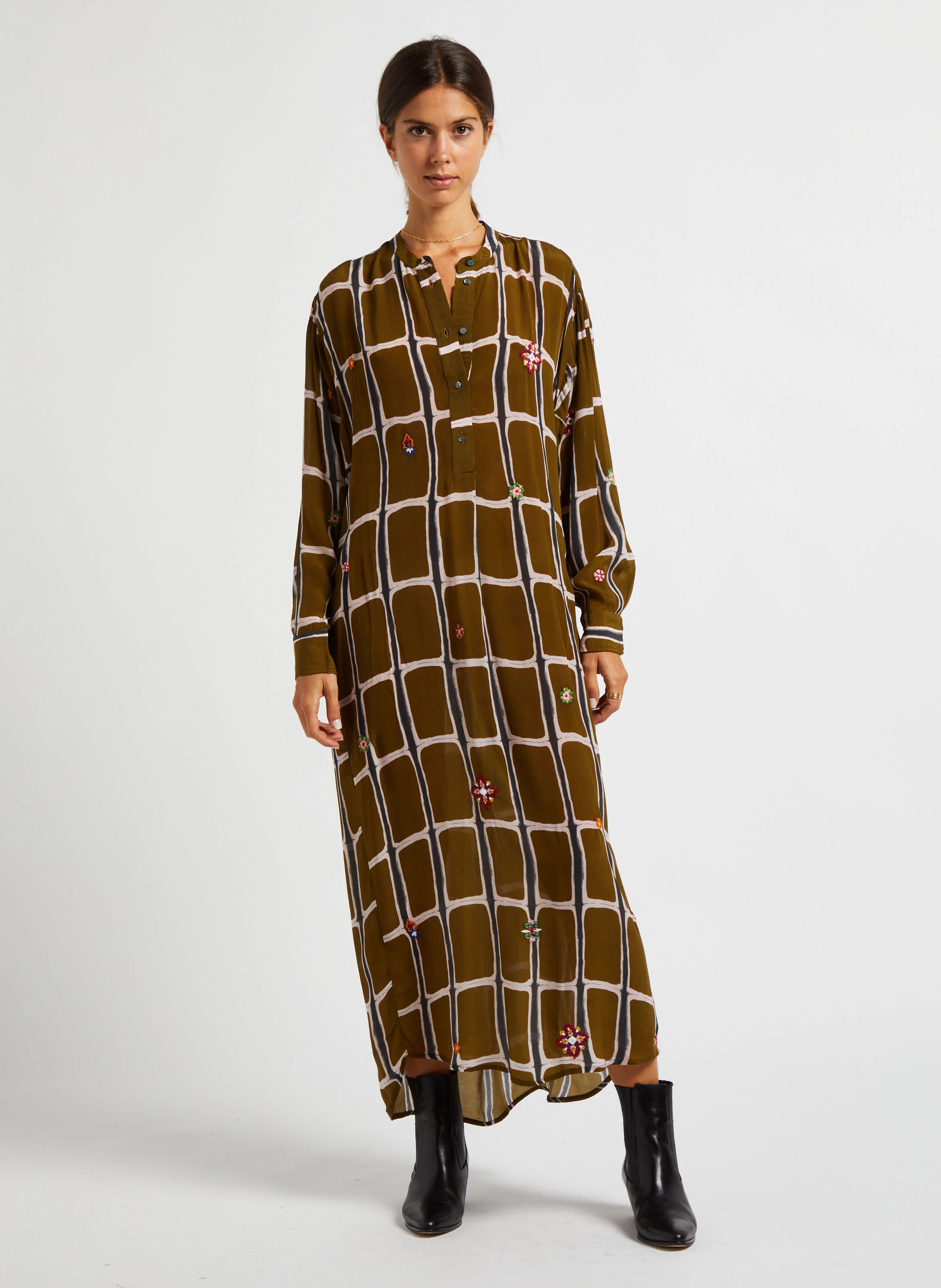 DELHI - Robe longue col rond imprimée| Kaki