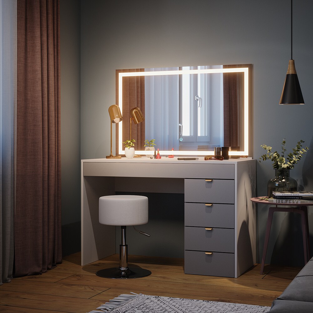 Vicco Schminktisch Elise Weiß Grau 115 x 76 cm modern Frisiertisch Schubladen LED-Spiegel Hocker