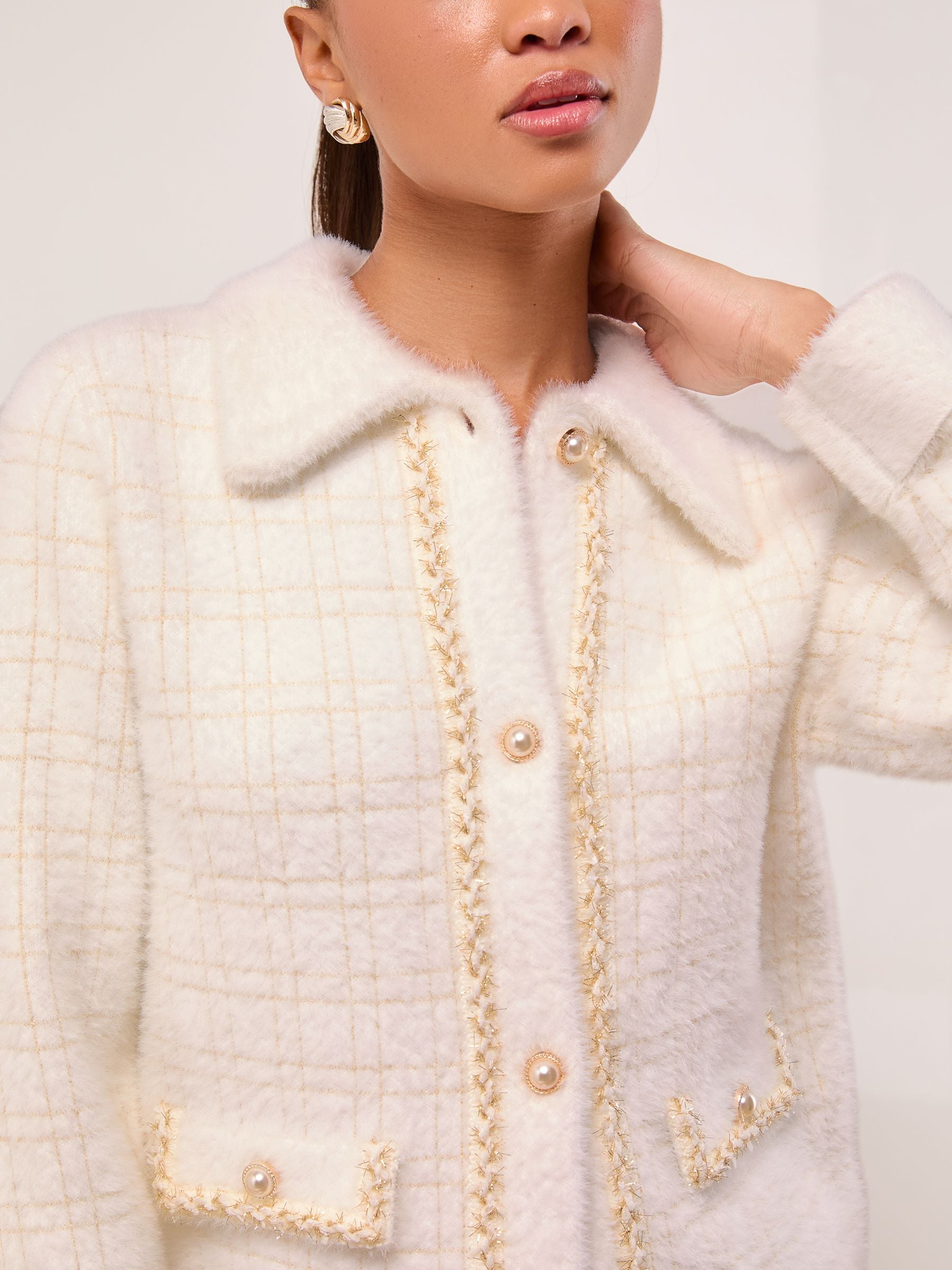 Lipsy Check Brushed Eyelash Collared Knitted Cardigan Jacket