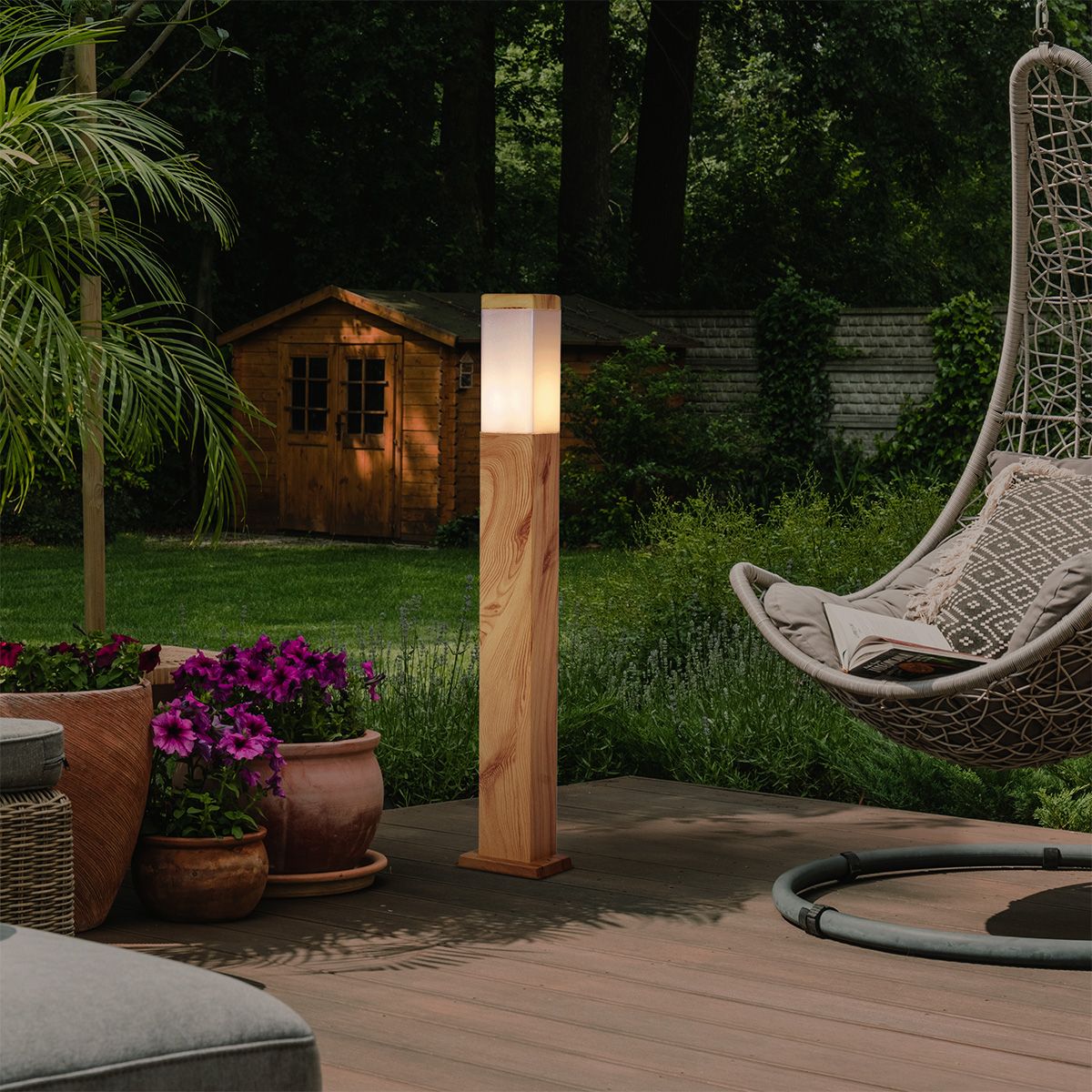 Moderne staande buitenlamp staal met hout print 80cm IP44 - Malois