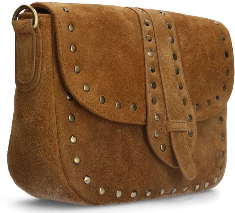 Manfield - Cognac Suède Schoudertas - Bruin - Gouden Noppen