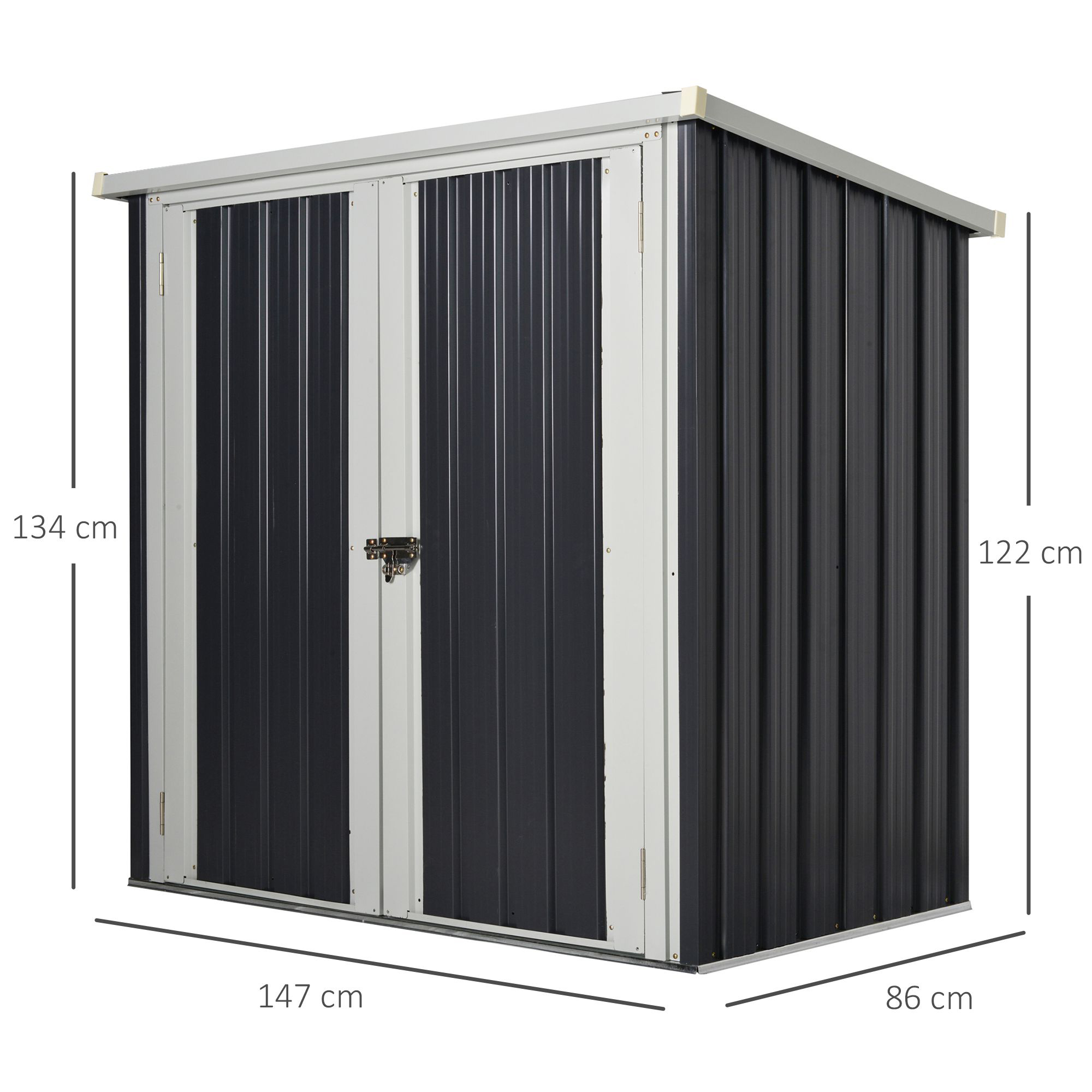 Casinha de jardim externa Outsunny, 1,26 m² (147 x 86 x 134 cm), em metal, com 2 portas e fechadura, ideal para guardar ferramentas em pátios e terraços. Cor: Preto.